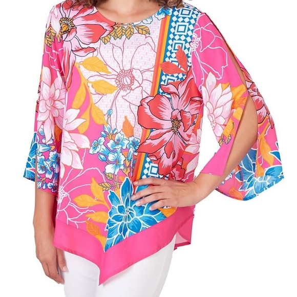 NEW Petite SIze PM Ruby Rd. Bright Blooms 3/4 Sleeve Floral Geo Print Blouse $65 - Picture 1 of 11